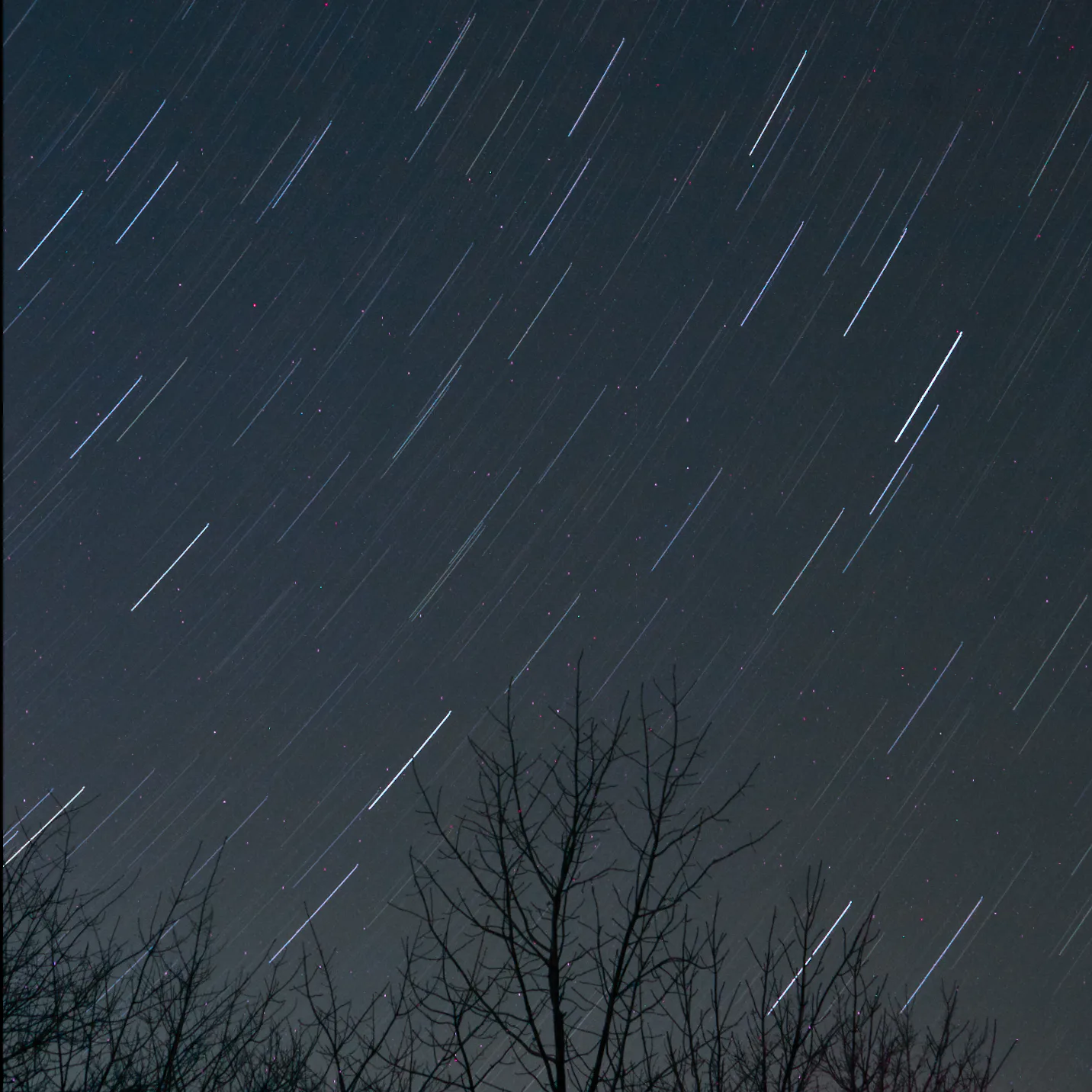 Star trails above a dark landscape
