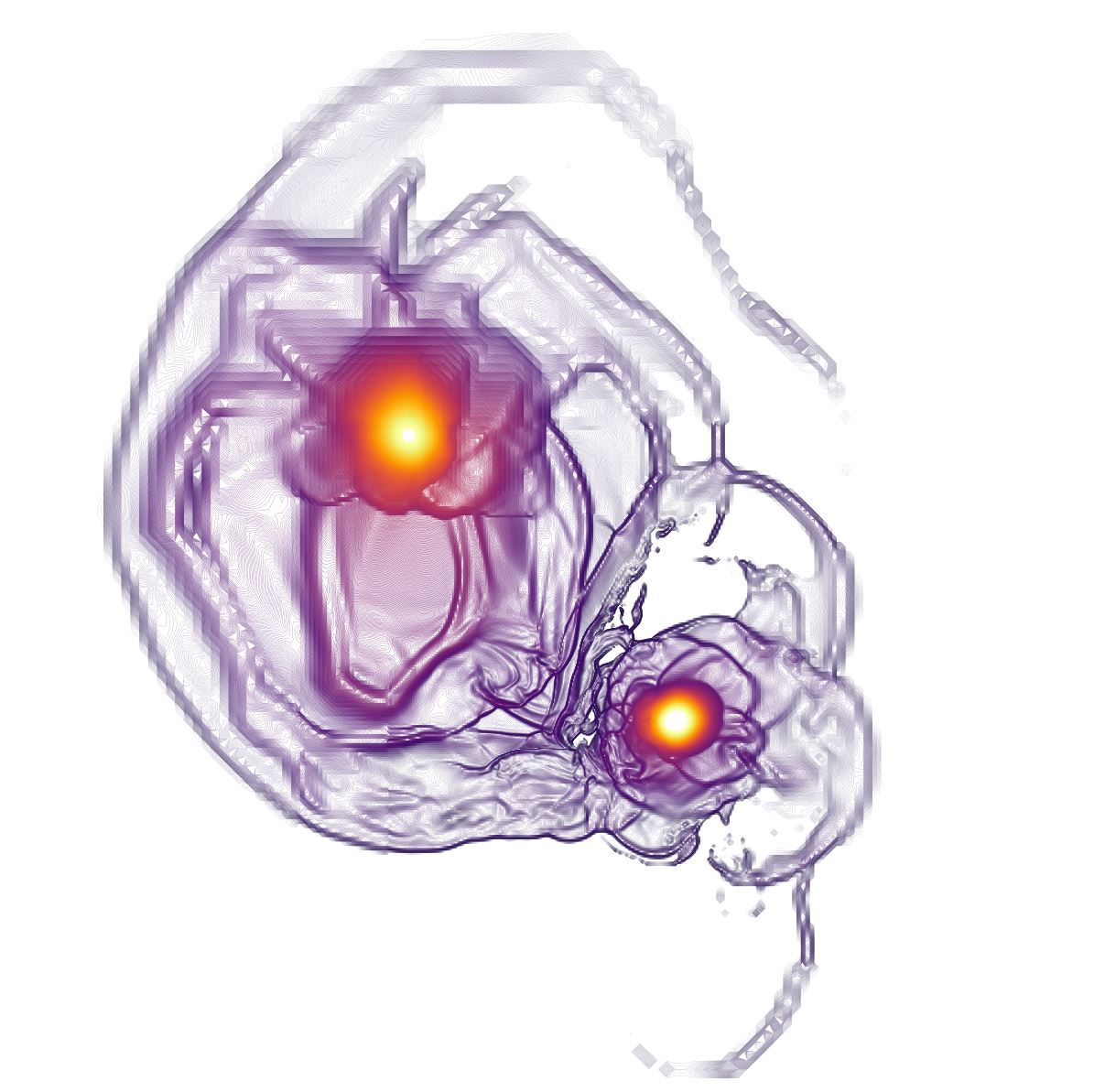 Isobaric contours plot of a binary neutron stars merger. The more compact star is 1.7 solar mass, while the puffier star is 1.14 solar mass. Each contour traces a curve of equal gas density, and brighter color indicates higher density.